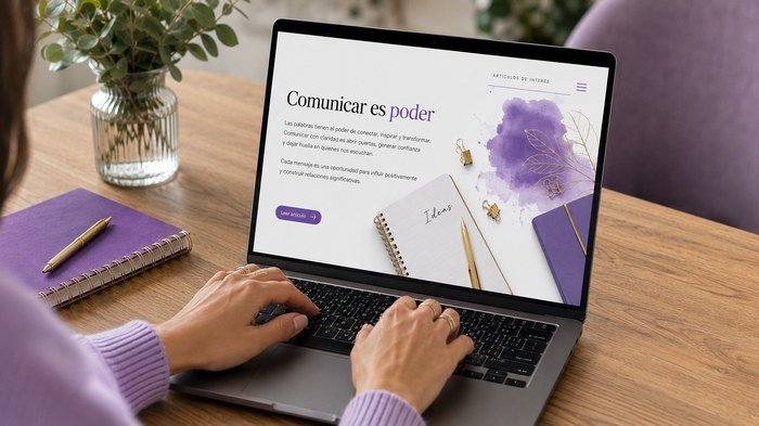 Laptop con la newsletter Comunicar es poder en pantalla, sobre un escritorio de madera