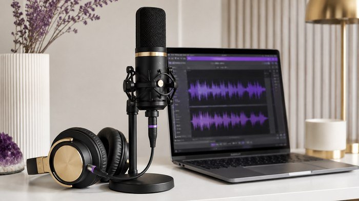 Micrófono profesional y laptop con software de edición de audio, portada del podcast
