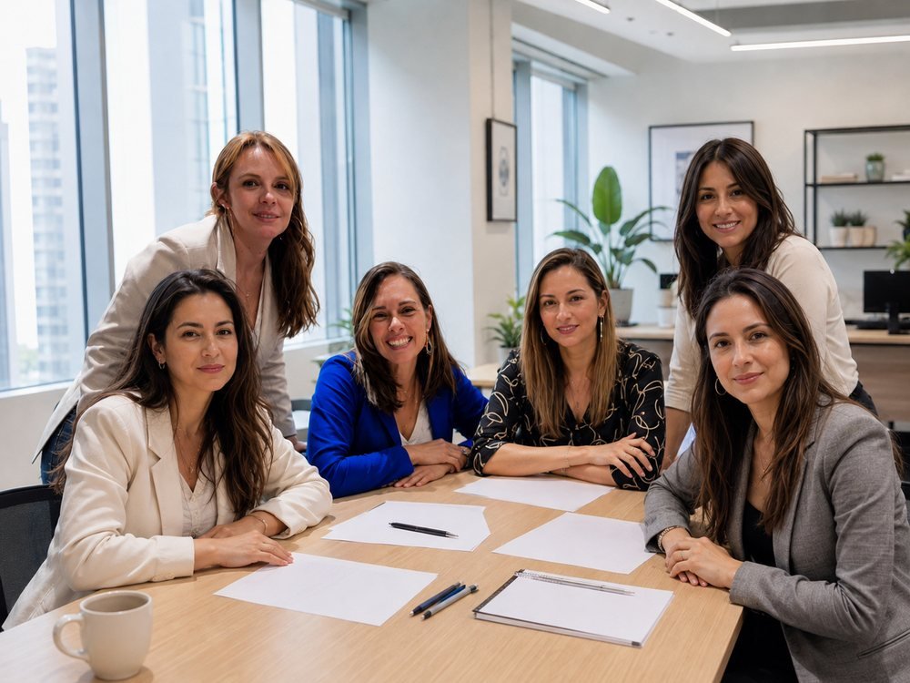 Paula Ledesma en una reunión de equipo con cinco colegas alrededor de una mesa