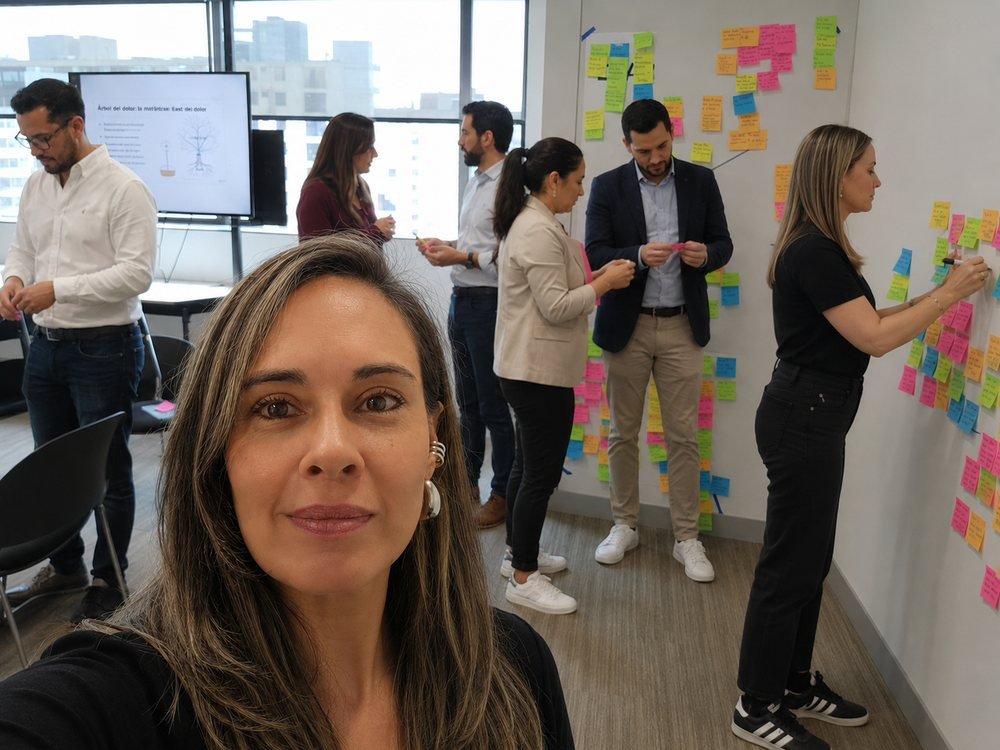 Paula Ledesma en una selfie durante un taller de equipo con notas adhesivas