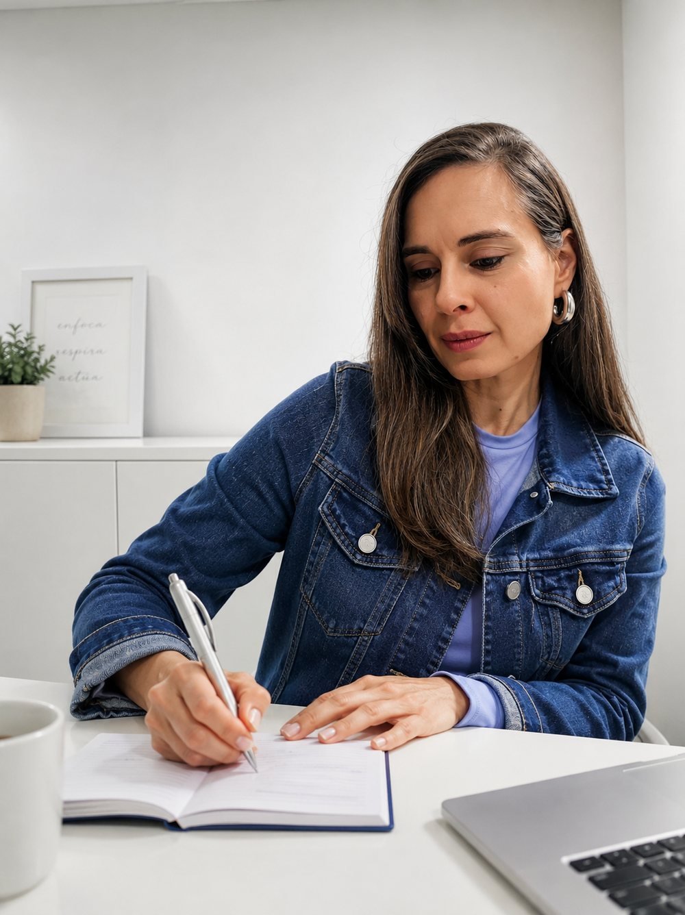 Paula Ledesma escribiendo en su cuaderno de estrategia, en su escritorio